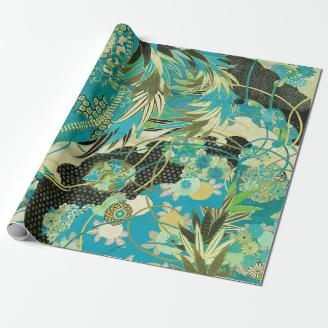 Papier Cadeau FLEURS JAPONAISES ANCIENNES Aqua Blue Green Floral (Déroulé)