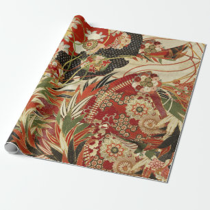 Papier Cadeau FLEURS JAPONAISES ANCIENNES Rouge Vert Noir Floral