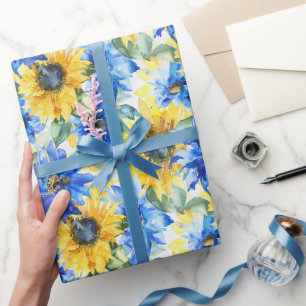 Papier Cadeau Fleurs Jaunes Bleues Baby Shower Mariage