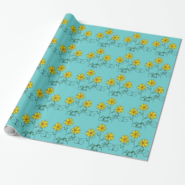 Papier Cadeau Fleurs Jaunes Joyeuses Doodle Art (Déroulé)