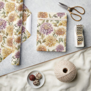 Papier Cadeau Fleurs Jaunes Lavande Crème Anniversaire