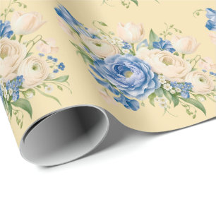 Papier Cadeau Fleurs jaunes rayées Fleurs bleues Baby Shower gar