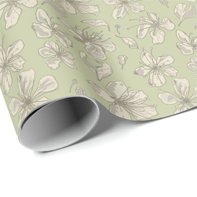 Papier Cadeau Fleurs jetées sur fond vert olive - motif sans cou (Coin rond)