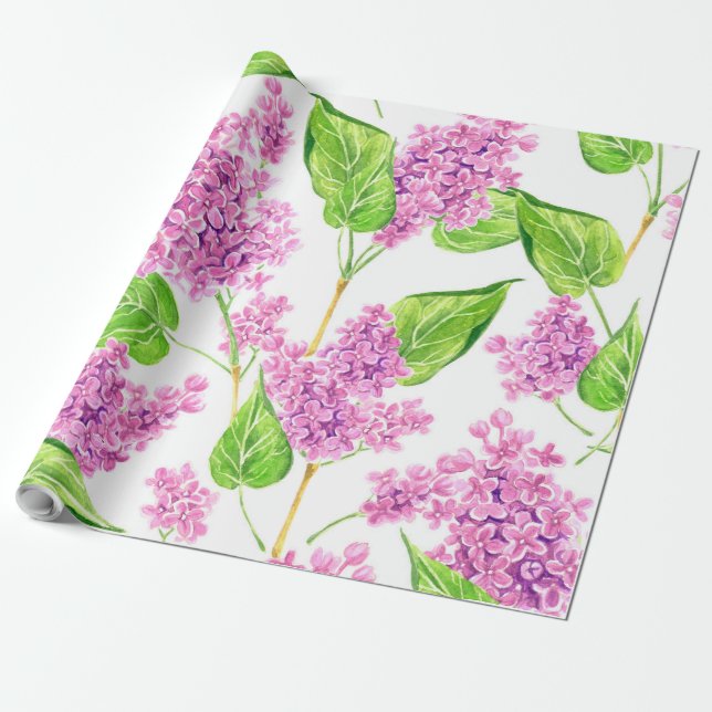 Papier Cadeau Fleurs lilas rose aquarelle (Déroulé)