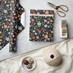 Papier Cadeau Fleurs modernes Black Orange Bleu Botanique Floral