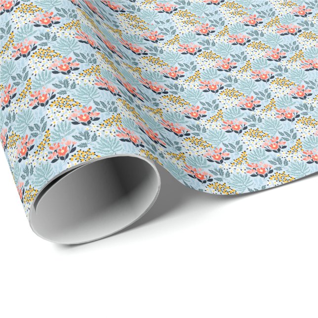 Papier Cadeau Fleurs Modernes sur Fond Bleu (Coin rond)