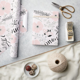 Papier Cadeau Fleurs Motif botanique noir rose