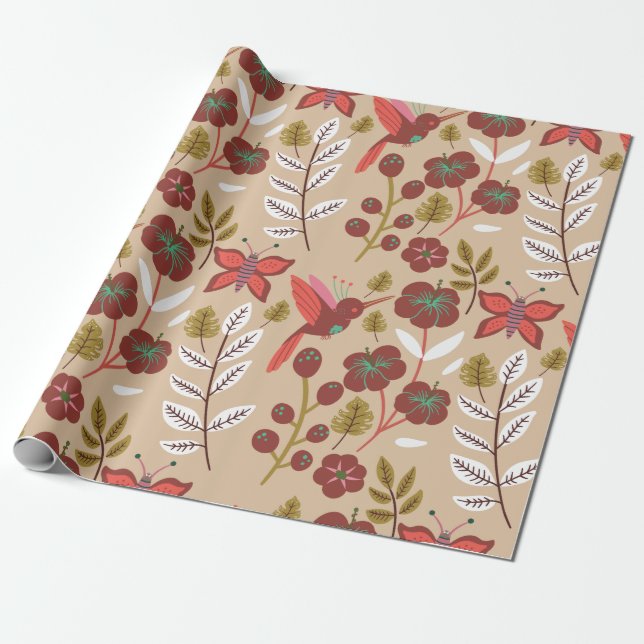Papier Cadeau Fleurs motifs florales sans soudure, oiseaux, papi (Déroulé)