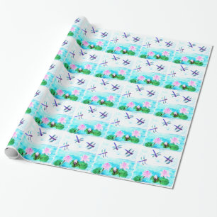 Papier Cadeau Fleurs nénuphars libellules turquoise
