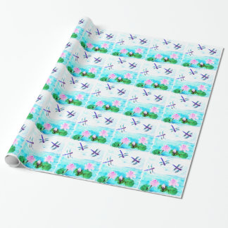 Papier Cadeau Fleurs nénuphars libellules turquoise
