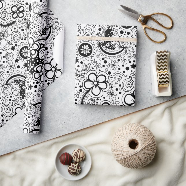 Papier Cadeau Fleurs noir et blanc  (Artisanat)