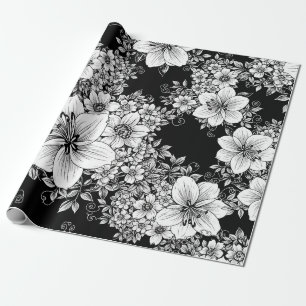 Papier Cadeau Fleurs noires et blanches, motif sans couture vint