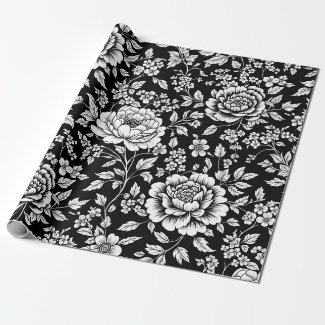 Papier Cadeau Fleurs noires et blanches, motif sans couture vint (Déroulé)
