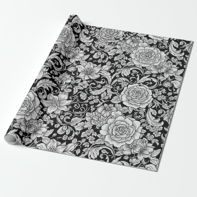Papier Cadeau Fleurs noires et blanches, motif sans couture vint (Déroulé)