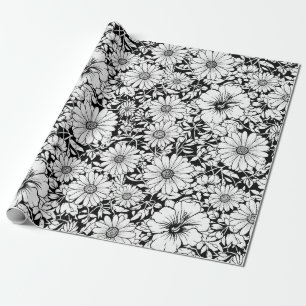 Papier Cadeau Fleurs noires et blanches Motif sans couture vinta