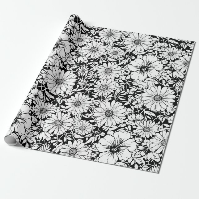 Papier Cadeau Fleurs noires et blanches Motif sans couture vinta (Déroulé)