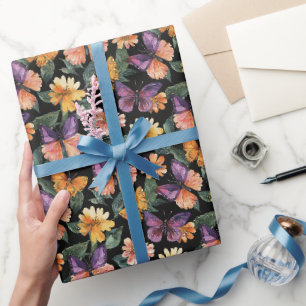 Papier Cadeau Fleurs Papillons Rose Pêche Violette Anniversaire