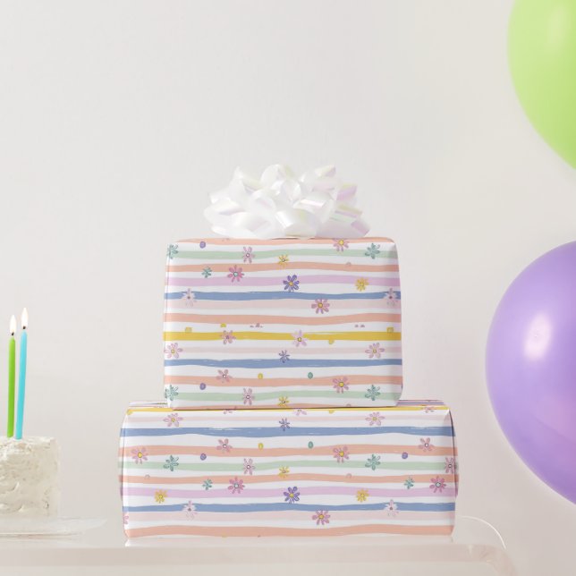 Papier Cadeau Fleurs Pastel Rayures Fille Fête de Mariage Bébé (Cadeaux de fête)
