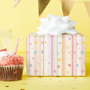 Papier Cadeau Fleurs Pastel Rayures Fillettes Baptême Mariage