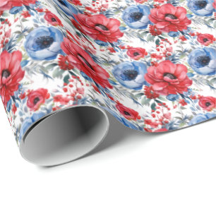 Papier Cadeau Fleurs Patriotique Rouge Blanc et Bleu