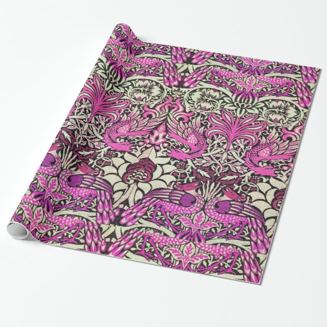 Papier Cadeau FLEURS, PEACOCKS ET DRAGONS Rose violet (Déroulé)