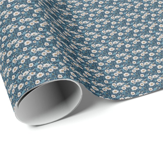 Papier Cadeau Fleurs peintes bleues et blanches (Coin rond)