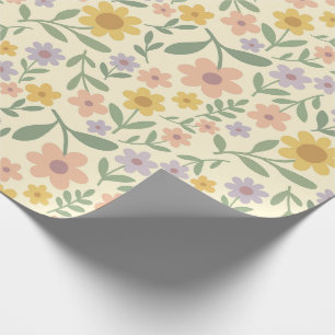 Papier Cadeau Fleurs peintes en carreaux de lavande pêche jaune