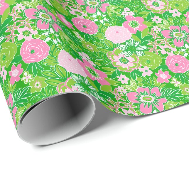 Papier Cadeau Fleurs preppy de Palm Beach rose et vert (Coin rond)