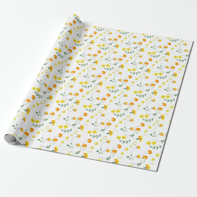 Papier Cadeau Fleurs printanières en orange et jaune (Déroulé)