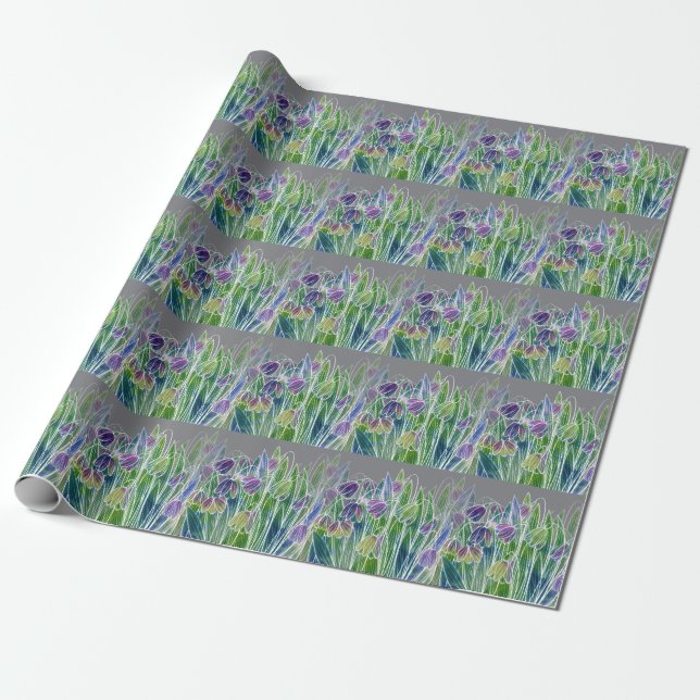 Papier Cadeau Fleurs printanières, herbes, bordure transparente  (Déroulé)
