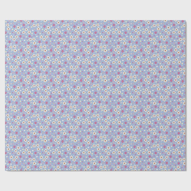 Papier Cadeau fleurs printanières sur fond bleu (Plat)