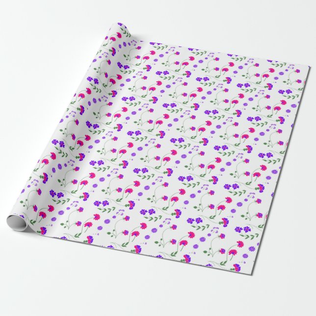 Papier Cadeau Fleurs printanières violettes et roses (Déroulé)