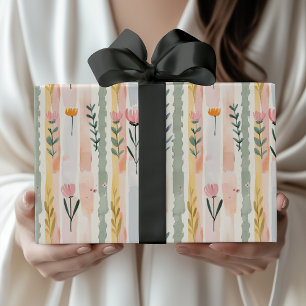 Papier Cadeau Fleurs rayées pastel aquarelle vintage
