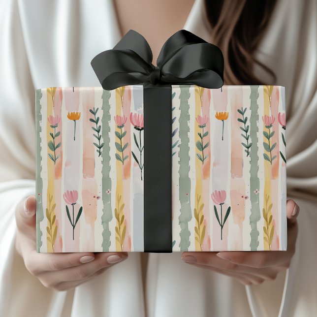 Papier Cadeau Fleurs rayées pastel aquarelle vintage (Créateur téléchargé)
