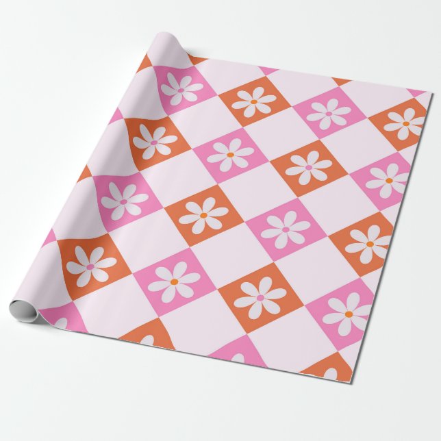Papier Cadeau Fleurs Rétro Blanches sur Diamants Orange et Rose  (Déroulé)