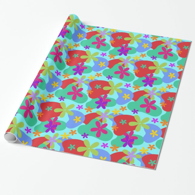 Papier Cadeau Fleurs rétro couleur motif transparente (Déroulé)