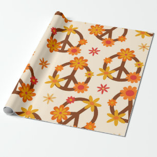 Papier Cadeau Fleurs Rétro Groovy sur des Panneaux de Paix et d'