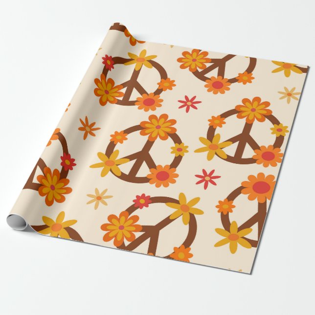 Papier Cadeau Fleurs Rétro Groovy sur des Panneaux de Paix et d' (Déroulé)