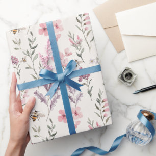 Papier Cadeau Fleurs Rose Lavande Abeilles Anniversaire