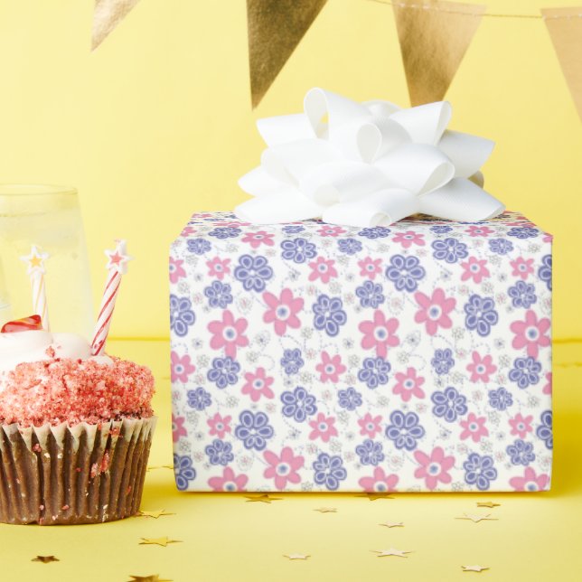 Papier Cadeau Fleurs rose lavande myosotis (Fête d'anniversaire)