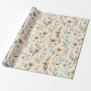 Papier Cadeau Fleurs Rose Pâle Dessin Cottagecore Vert Sauge