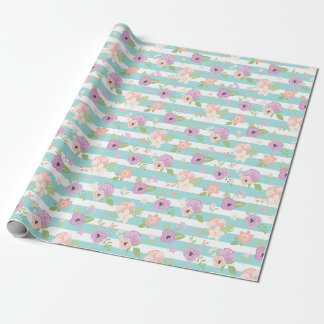 Papier Cadeau Fleurs Rose Pâle Violet Verdure Rayures Bleues