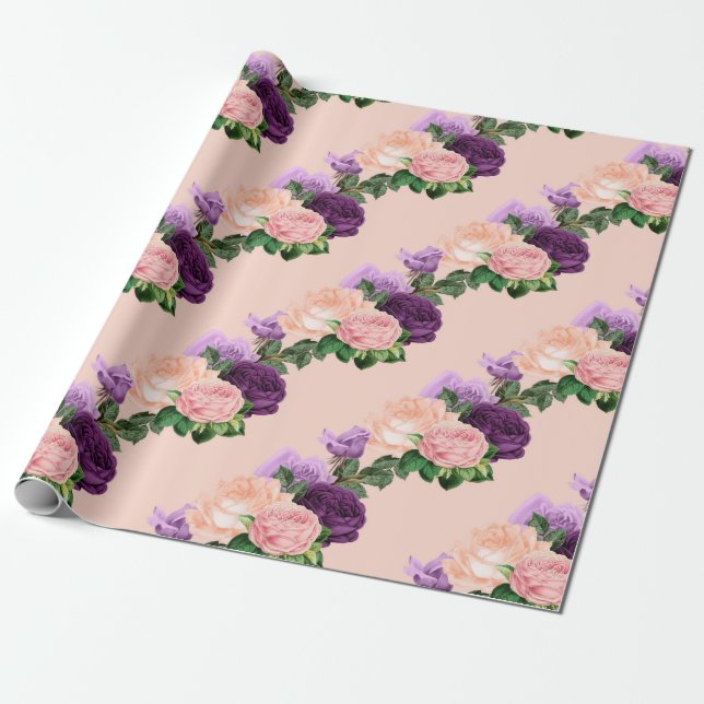 Papier Cadeau Fleurs rose pêche et lavande violet (Déroulé)