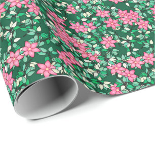 Papier Cadeau Fleurs roses, arrière - plan vert foncé