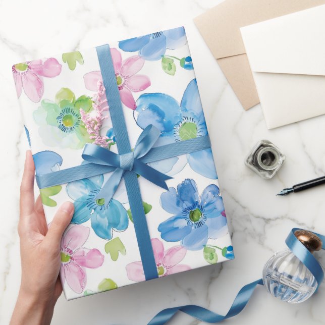 Papier Cadeau Fleurs Roses Bleues Chic Anniversaire (Cadeaux)
