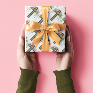 Papier Cadeau Fleurs roses Brown Croix religieuse Pâques