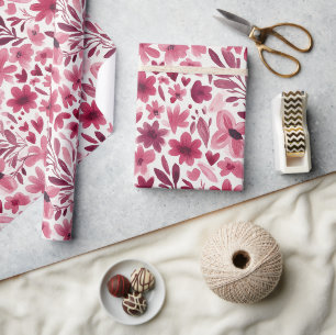 Papier Cadeau Fleurs Roses Cœurs Anniversaire Fille Crème