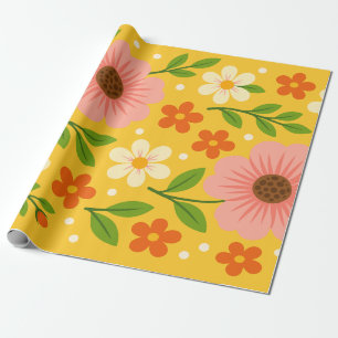 Papier Cadeau Fleurs roses, crème et orange avec des feuilles ve