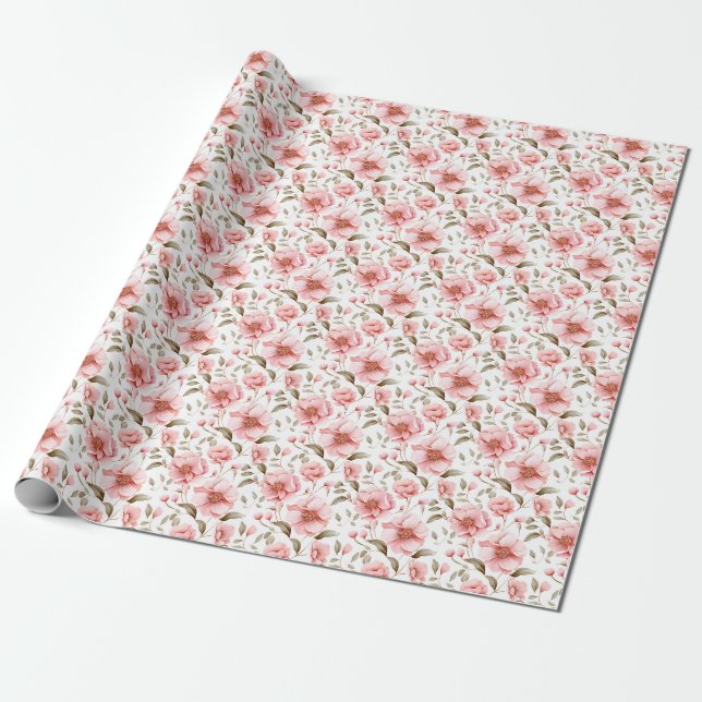 Papier Cadeau Fleurs roses douces sur fond blanc (Déroulé)