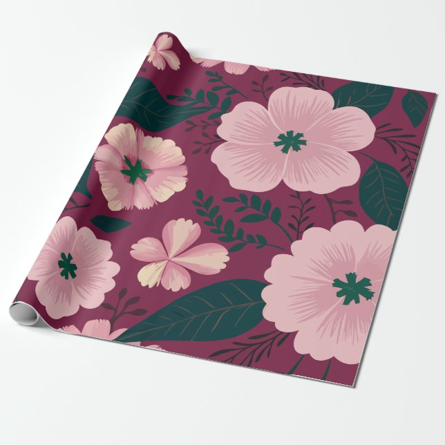 Papier Cadeau Fleurs roses douces sur fond marron profond (Déroulé)